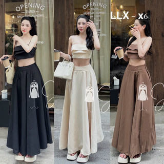 Set áo 2 dây croptop bèo tầng chân váy maxi xoè