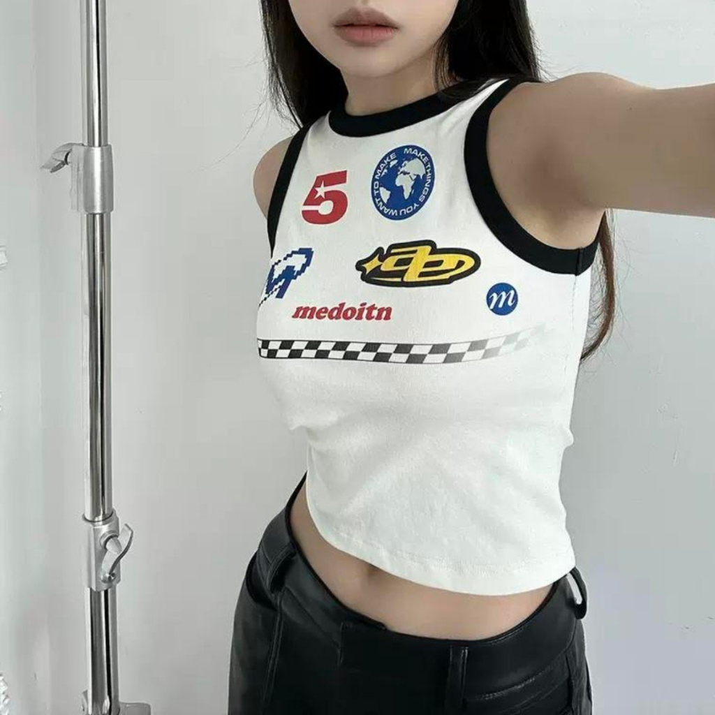 Áo thun croptop ba lỗ viền đen icon đường phố 757 FIORI STORE