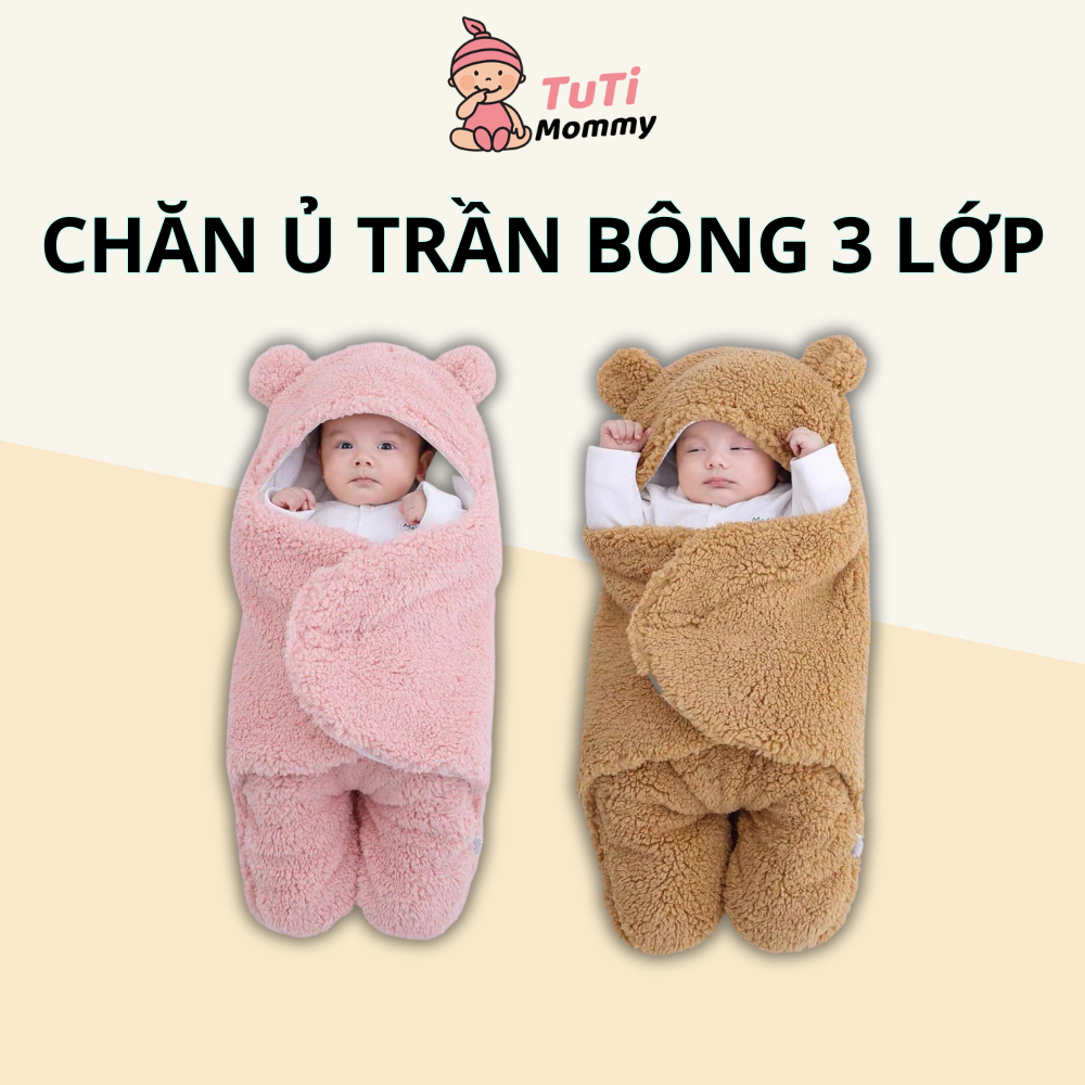 Chăn ủ lông cừu cho bé, túi ủ hình gấu dày dặn 3 lớp cao cấp - Tutimom