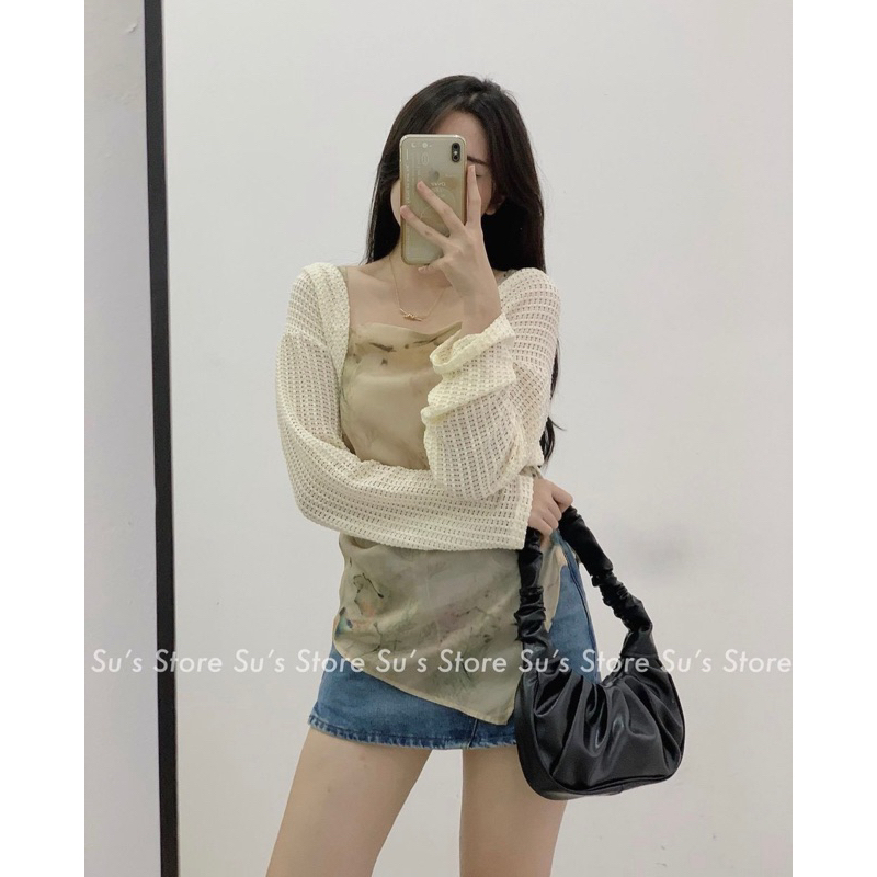 Set áo 2dây hoạ tiết kèm áo lưới - mã 0348-1