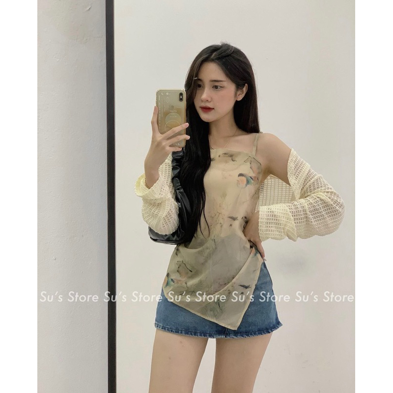 Set áo 2dây hoạ tiết kèm áo lưới - mã 0348-1