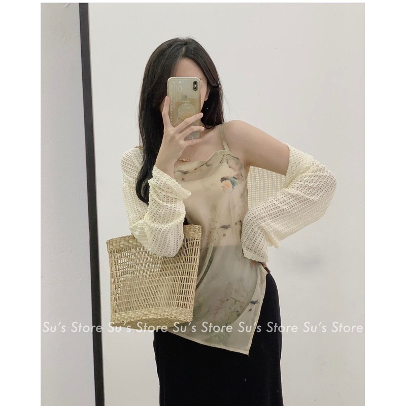 Set áo 2dây hoạ tiết kèm áo lưới - mã 0348-1