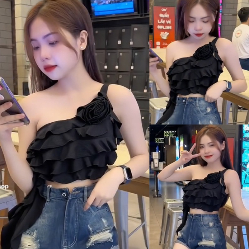 Áo Dây Yếm Chéo Tua Rua 4 Tầng Màu Phối Hoa Cực Sang Chảnh