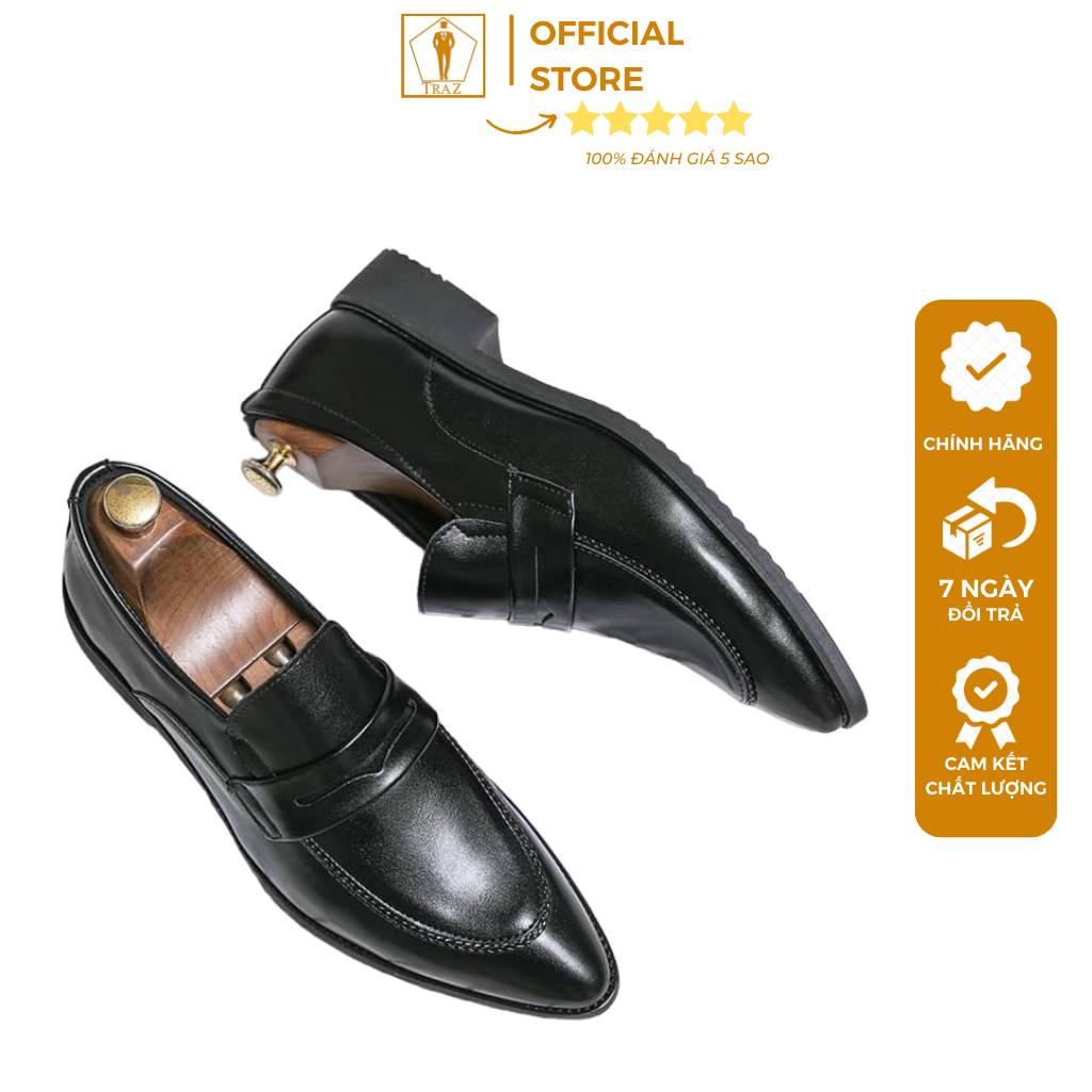 Giày tây nam TRAZ MEN loafer màu đen mũi tròn da bò cao cấp công sở dự tiệc cưới