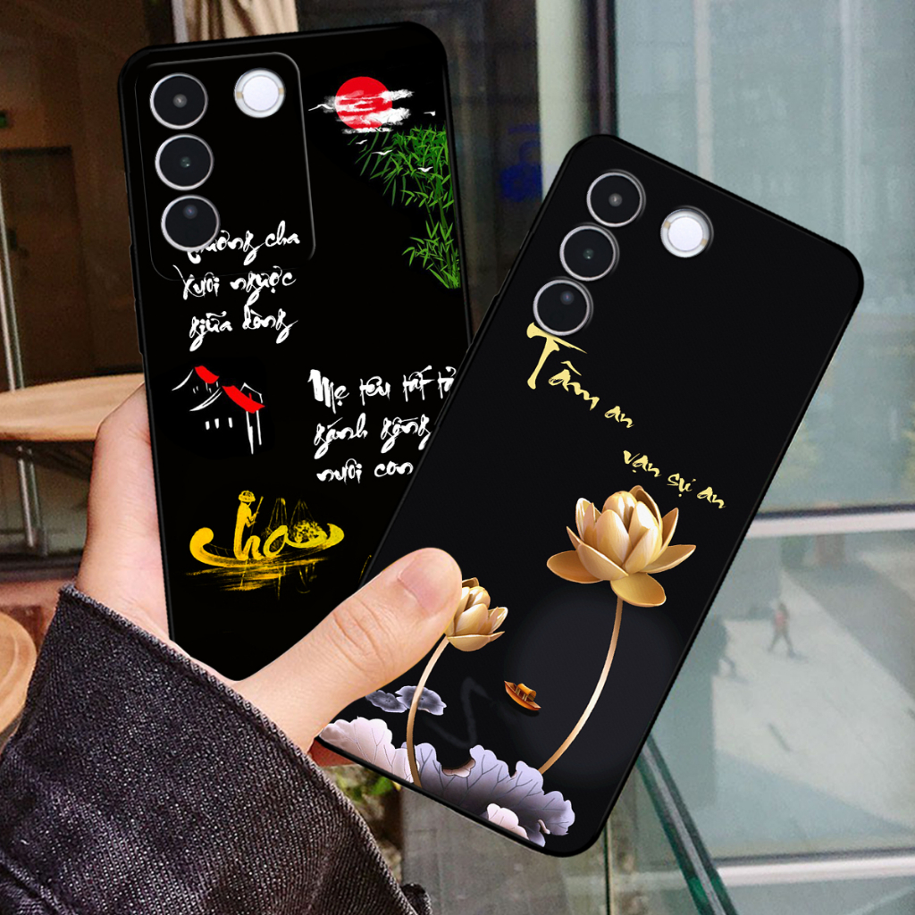 Ốp lưng Vivo V27e in hình thư pháp cha mẹ, tâm an, tài lộc.ốp chống sốc bền đẹp.