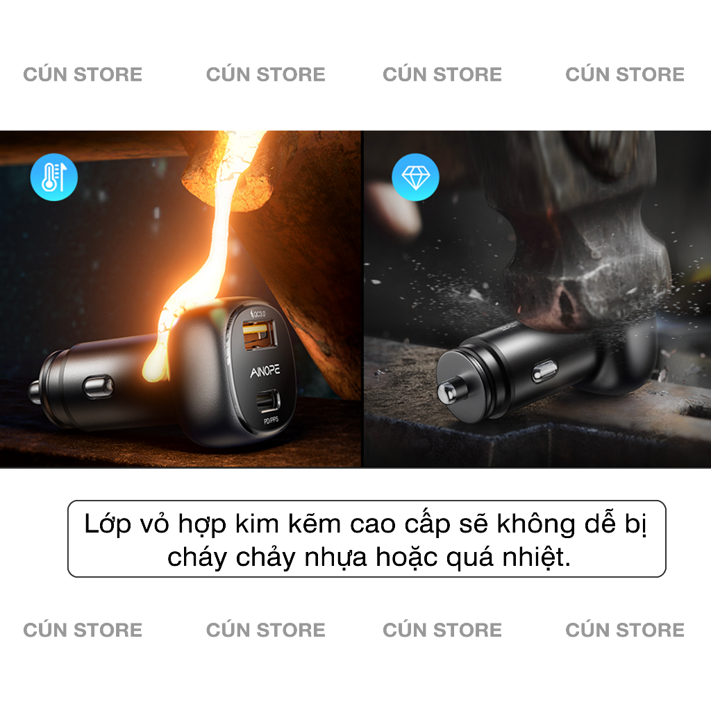 Tẩu sạc nhanh ô tô 2 cổng AINOPE 66W, sạc nhanh PD 36W, QC3.0 30W cho IP 14 Pro, Samsung chính hãng | Bảo hành 12 tháng