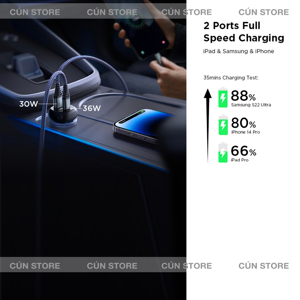Tẩu sạc nhanh ô tô 2 cổng AINOPE 66W, sạc nhanh PD 36W, QC3.0 30W cho IP 14 Pro, Samsung chính hãng | Bảo hành 12 tháng