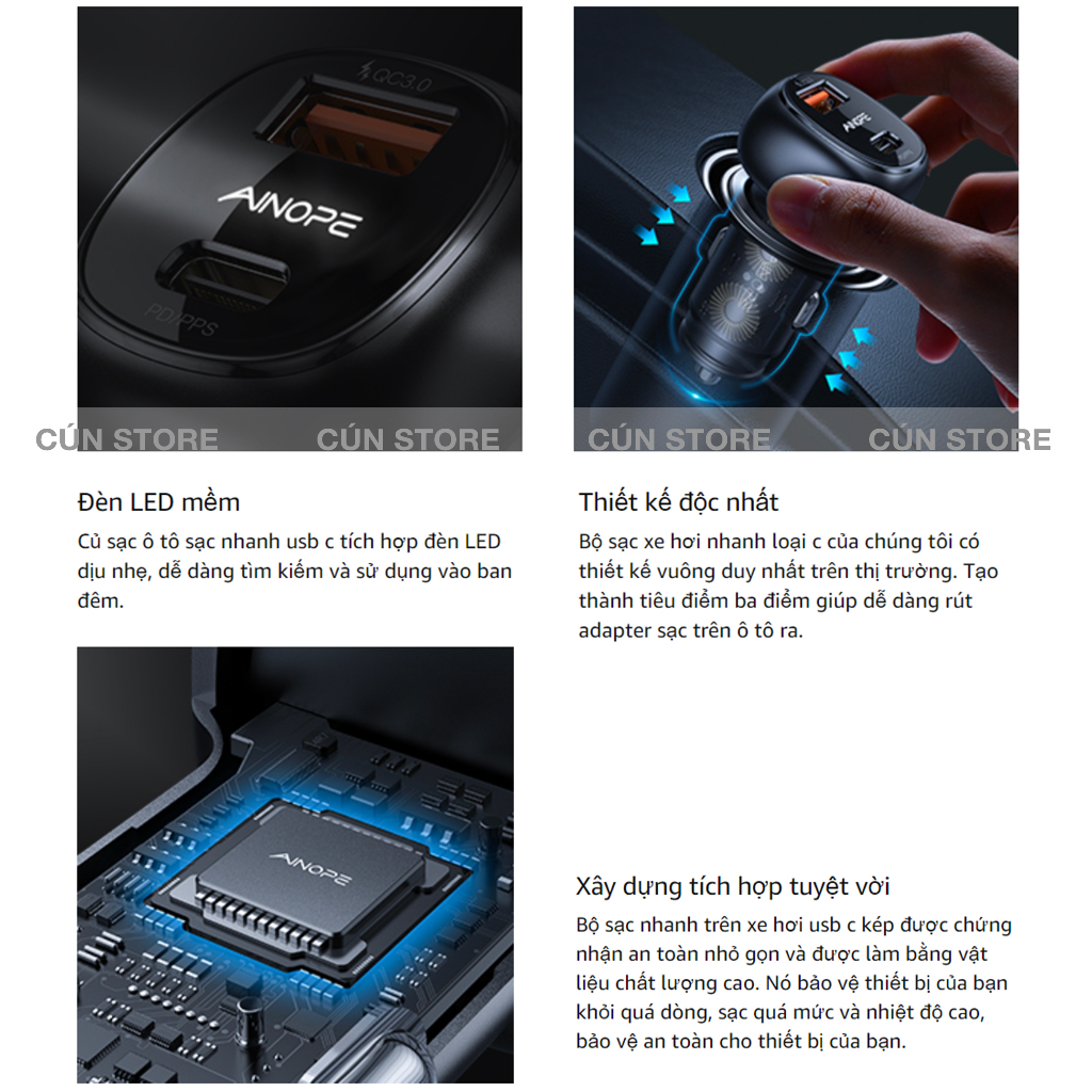 Tẩu sạc nhanh ô tô 2 cổng AINOPE 66W, sạc nhanh PD 36W, QC3.0 30W cho IP 14 Pro, Samsung chính hãng | Bảo hành 12 tháng