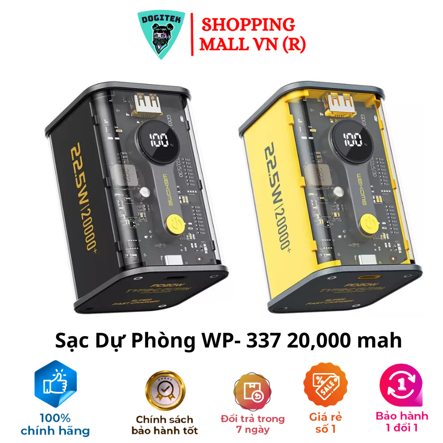 Sạc dự phòng sạc nhanh WP-343 trong suốt, Pin dự phòng 20000mAh sạc nhanh 22,5W, có đầu ra Type C ( BH 3th , Chuẩn EU)