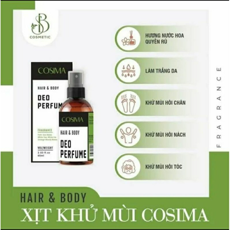 Xịt khử mùi hôi nách Cosima 60ml chai xanh lá khử mùi hôi chân hôi tóc hương cá tính dành cho nam nữ