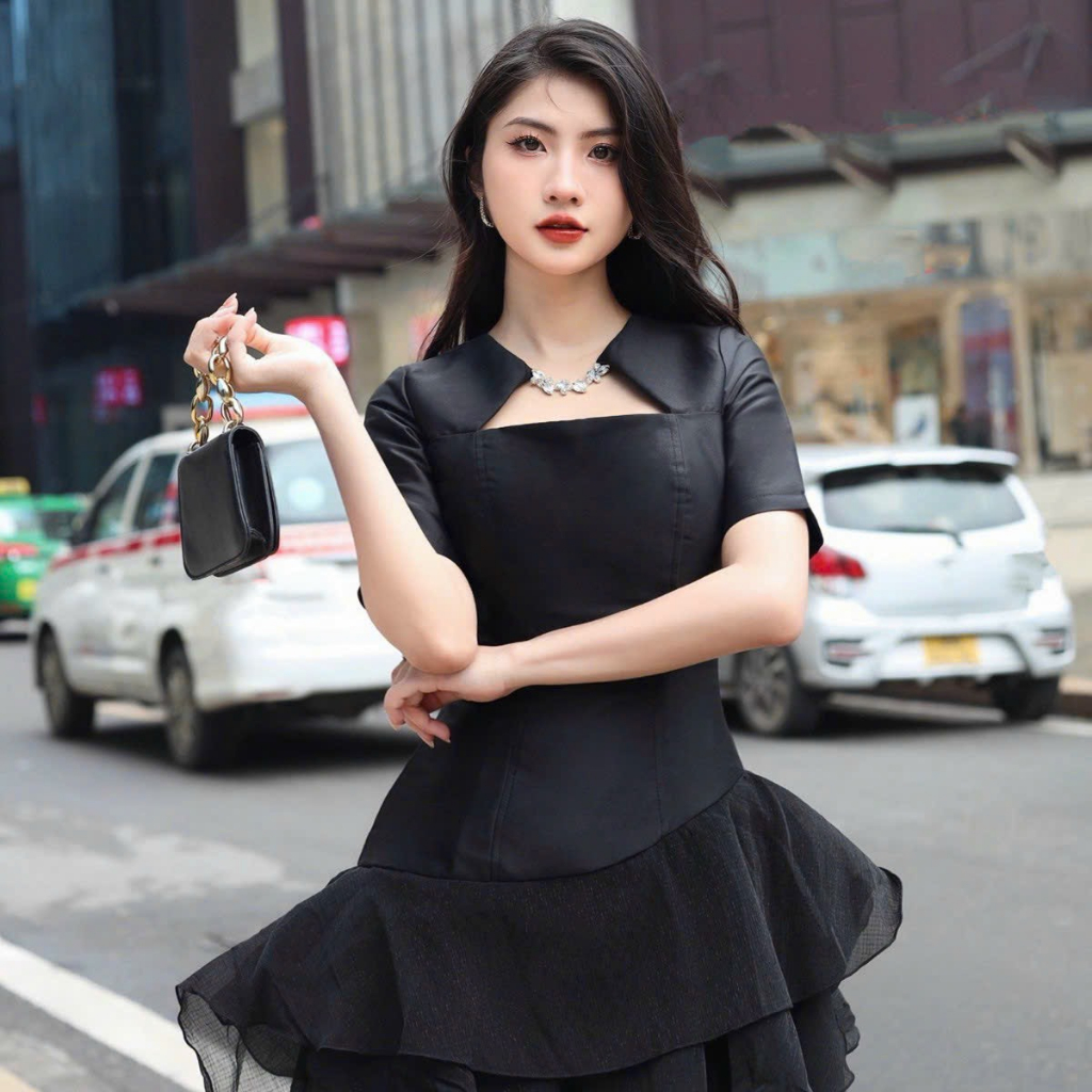 TIRA DRESS - Váy tacta phối tơ tua rua cổ đính đá thiết kế