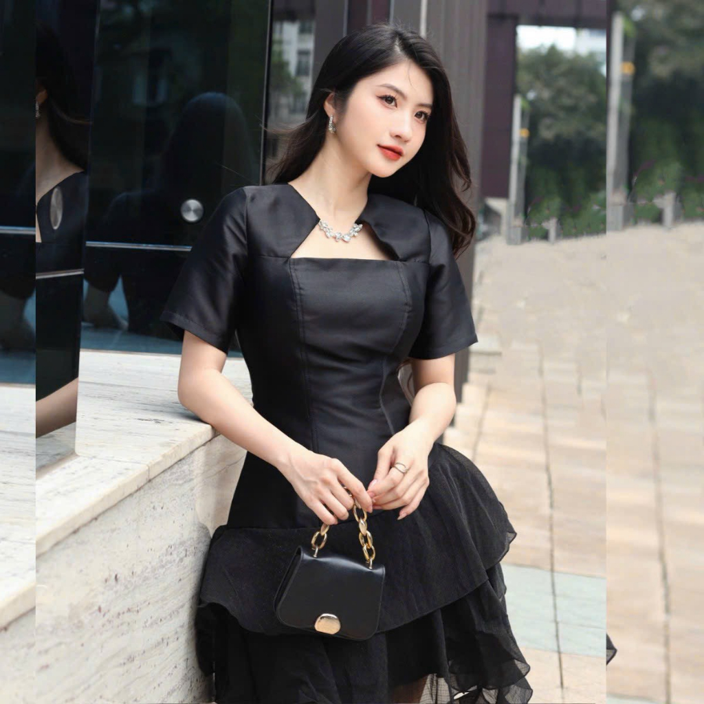 TIRA DRESS - Váy tacta phối tơ tua rua cổ đính đá thiết kế