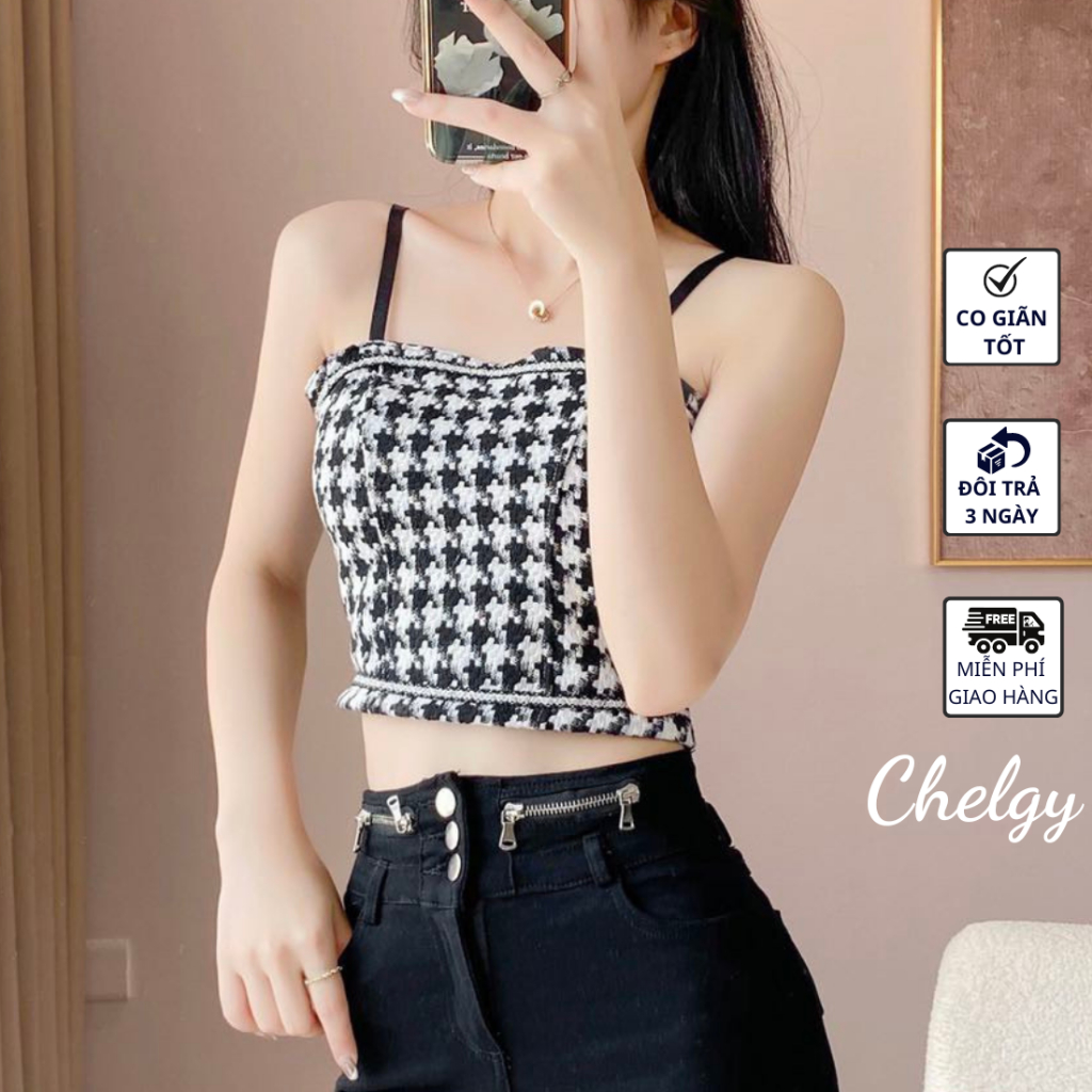 Áo 2 dây dáng ôm Chelgy có đệm ngực màu CARO KẺ, áo yếm croptop dây điều chỉnh thun co giãn hở lưng Freesize CG-AHDK102