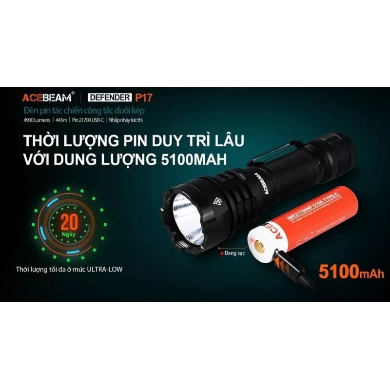 Đèn pin chiến thuật Acebeam P17, XHP 70.3 4900lm -445m, 21700-5100mah
