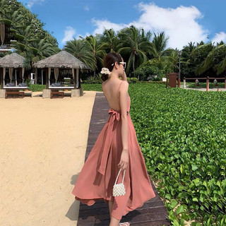 Đầm maxi hồng hở lưng buộc nơ to