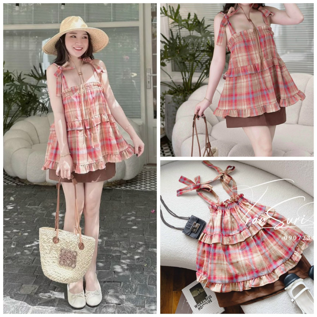 Set đầm váy nữ áo hai dây buộc nơ chít tầng xòe họa tiết caro mix chân váy ngắn xinh xắn dành cho các tình yêu đi chơi .