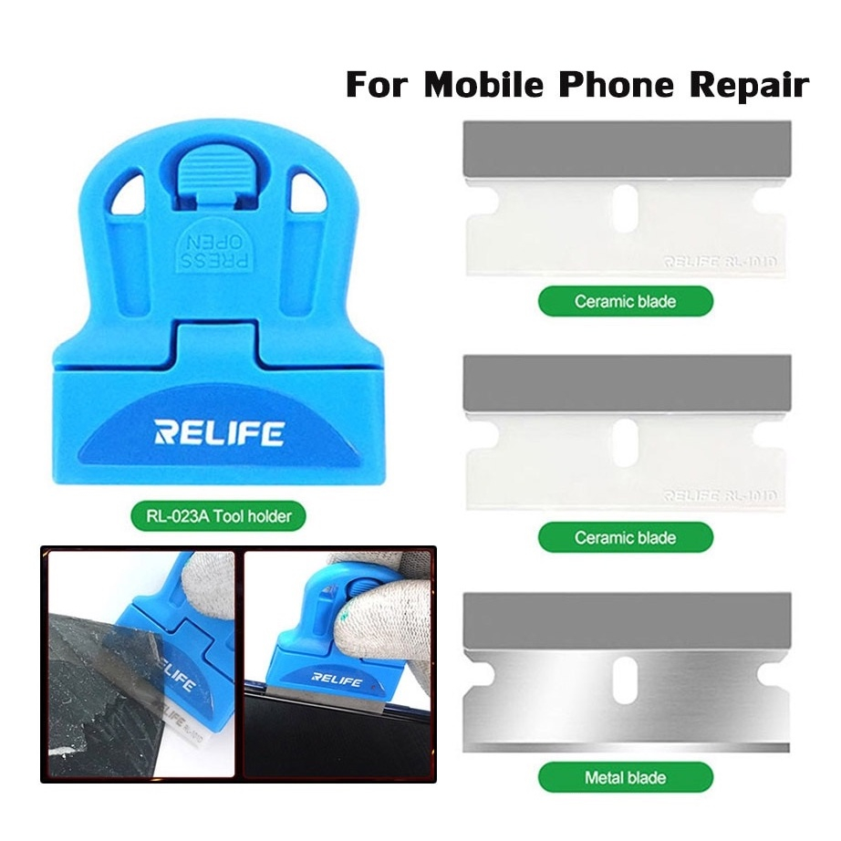 (Lpk Tiến Anh) Bộ cán dao kèm 3 lưỡi (2 sứ, 1 kim loại) cạo keo, tách mở màn đa năng RELIFE RL-023A