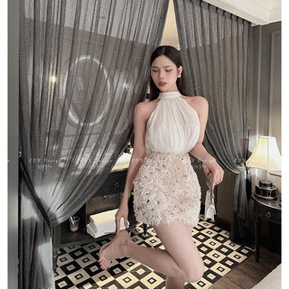 Set áo tơ cổ yếm chân váy bling