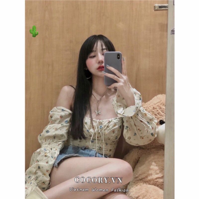 Áo Kiểu Tay Dài Họa Tiết Hoa Nhí Áo có Mút Đệm Ngực
