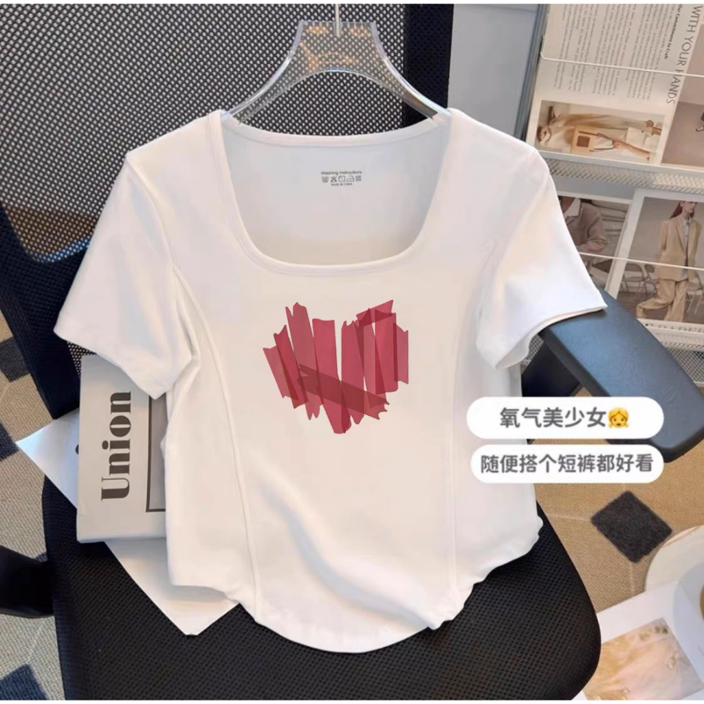 Áo Thun Croptop baby tee Tay Ngắn Cổ Tròn Dáng Ôm Body In Hình Trái Tim Xinh Xắn Cho Nữ có bigsize