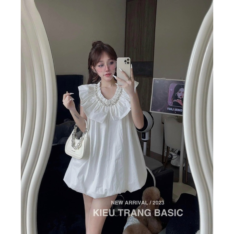 Đầm Thô Babydoll Cổ Bèo Đính Đá Sang Chảnh