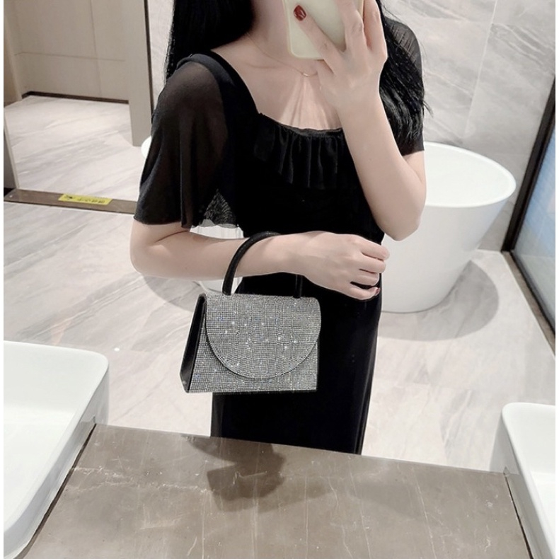 Túi xách nữ cầm tay đính đá cầm tay sang chành kèm dây đeo chéo size 18 mẫu mới