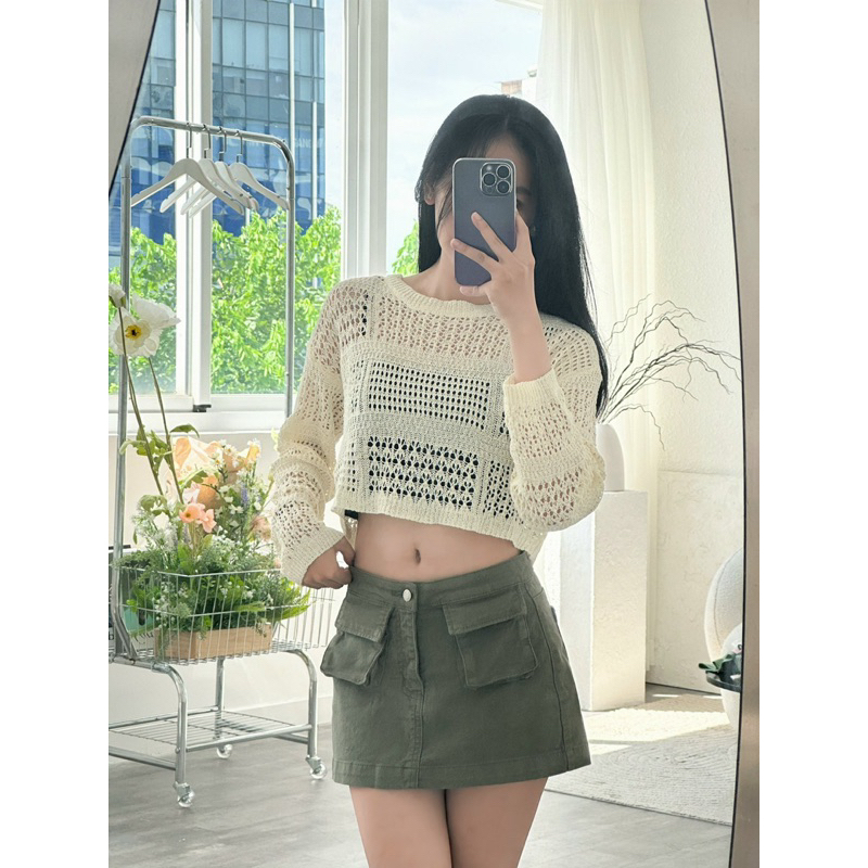 GORGEOUS - Áo Cardigan Lưới, Chân Váy Túi Hộp