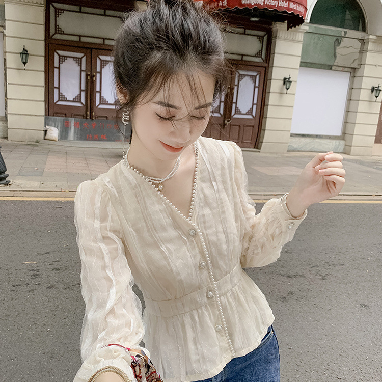 Áo sơ mi voan dài tay & ngắn tay, eo thon phong cách, cổ chữ V đính ngọc trai
