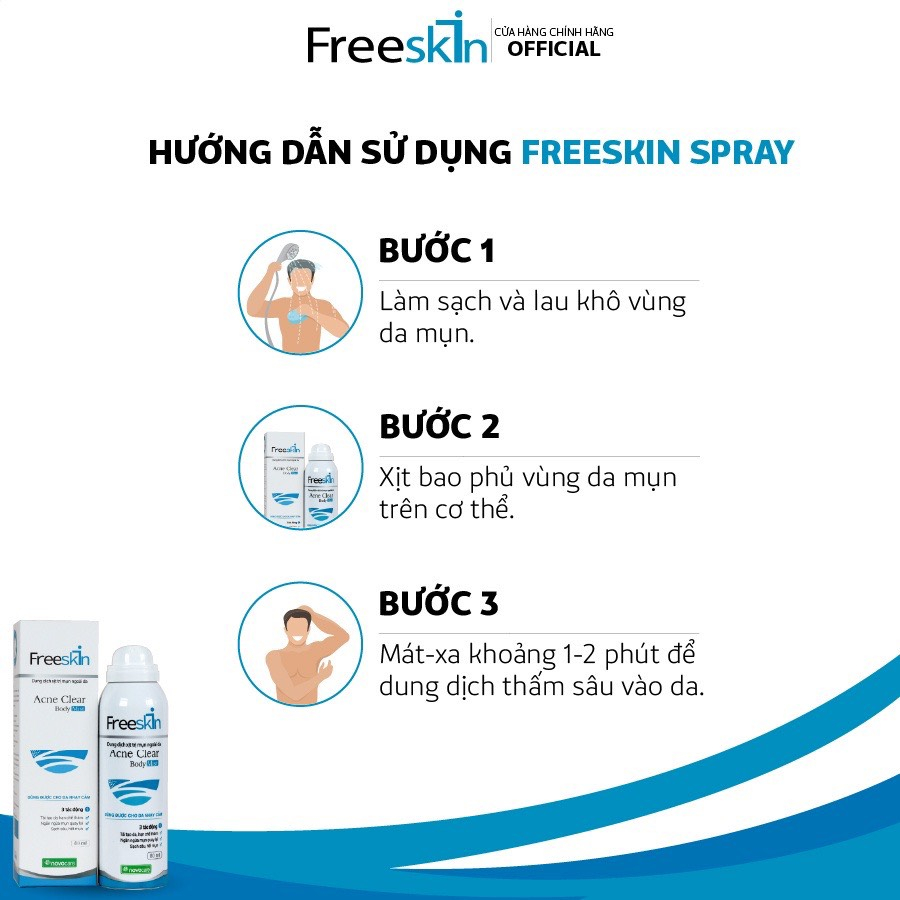 Xịt mụn Freeskin - Xịt mụn lưng, viêm nang lông, dày sừng nang lông, viêm da, sạch mụn, mờ thâm, sáng da 80ml