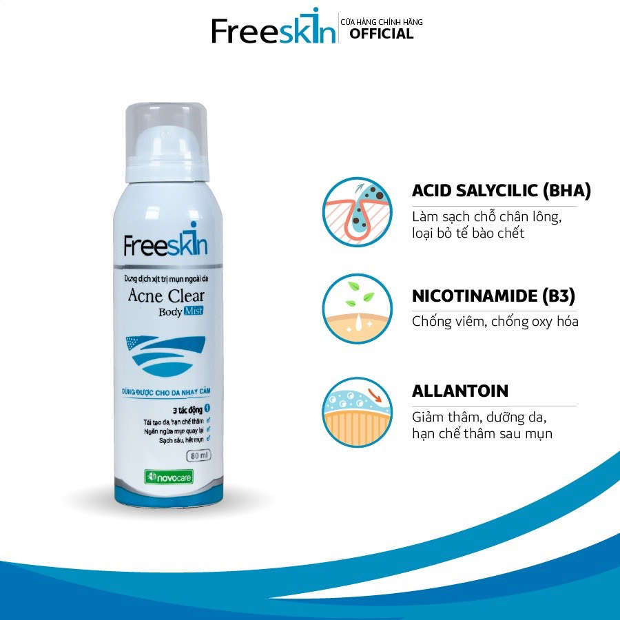 Xịt mụn Freeskin - Xịt mụn lưng, viêm nang lông, dày sừng nang lông, viêm da, sạch mụn, mờ thâm, sáng da 80ml