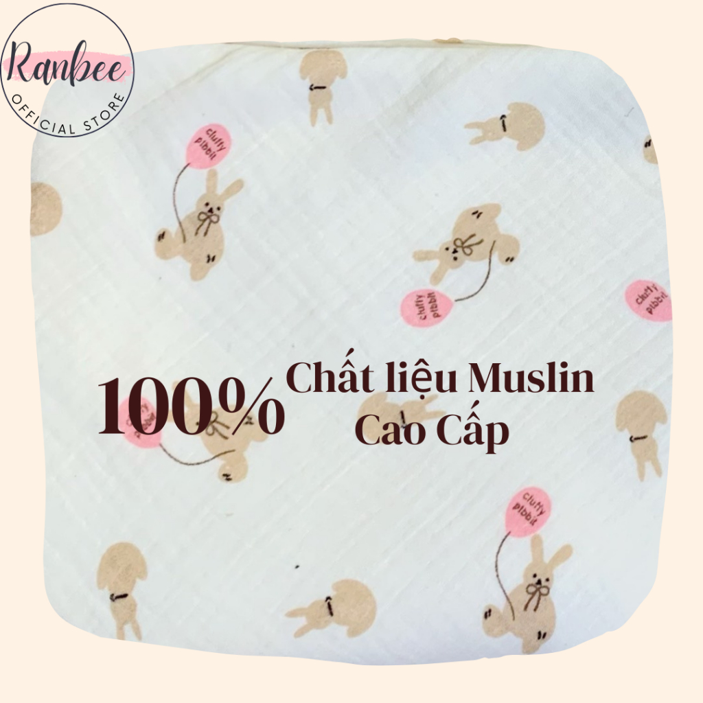 Khăn Ủ Cho Bé Sơ Sinh Ranbee, Chăn Ủ 4 Lớp Mũ Tai Thỏ Chất Xô Musline Cao Cấp 80x80cm