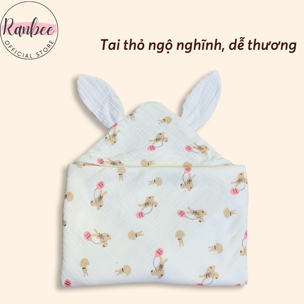 Khăn Ủ Cho Bé Sơ Sinh Ranbee, Chăn Ủ 4 Lớp Mũ Tai Thỏ Chất Xô Musline Cao Cấp 80x80cm