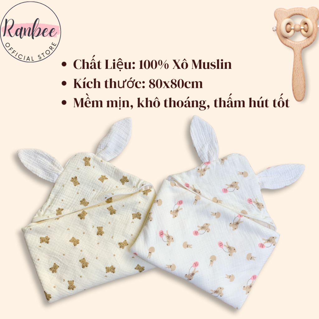 Khăn Ủ Cho Bé Sơ Sinh Ranbee, Chăn Ủ 4 Lớp Mũ Tai Thỏ Chất Xô Musline Cao Cấp 80x80cm