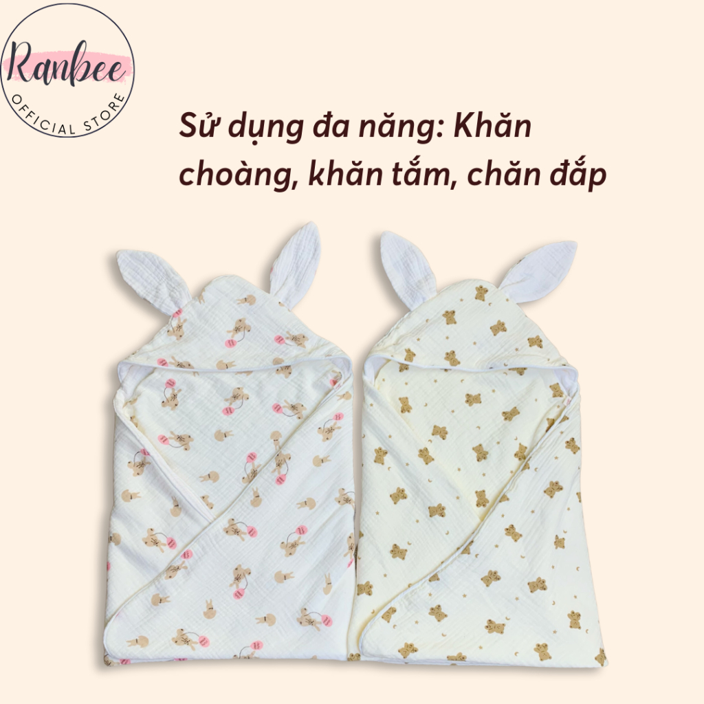 Khăn Ủ Cho Bé Sơ Sinh Ranbee, Chăn Ủ 4 Lớp Mũ Tai Thỏ Chất Xô Musline Cao Cấp 80x80cm