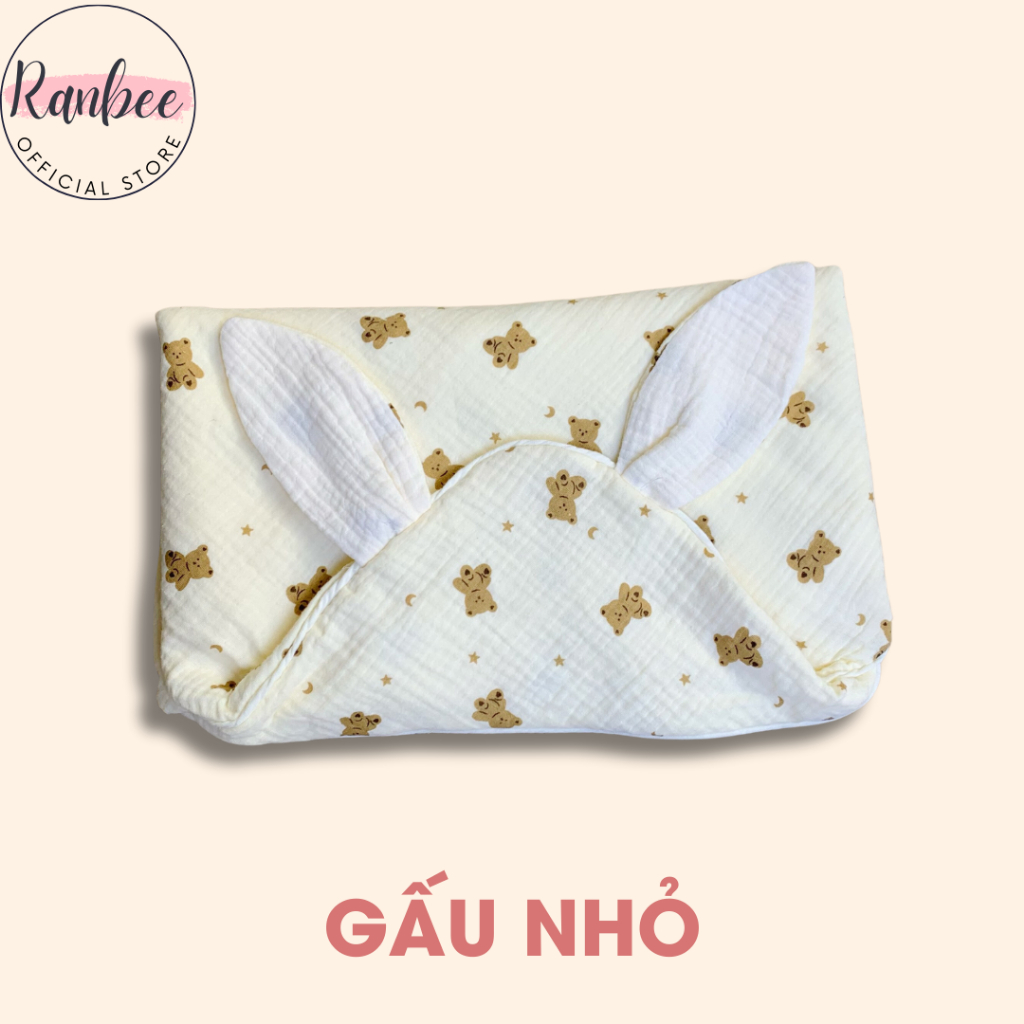 Khăn Ủ Cho Bé Sơ Sinh Ranbee, Chăn Ủ 4 Lớp Mũ Tai Thỏ Chất Xô Musline Cao Cấp 80x80cm