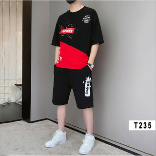 Bộ mặc nhà, bộ quần áo hè, bộ cộc tay, gồm áo và quần đùi, vải cotton, vải đẹp, dày dặn, in chữ 4 màu