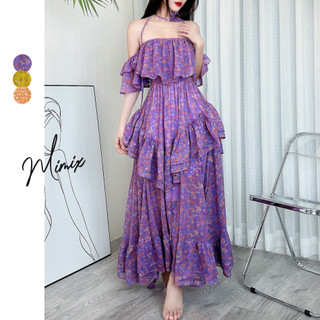 Đầm maxi hoa trễ vai bèo tầng tặng kèm hoa mimix da6250