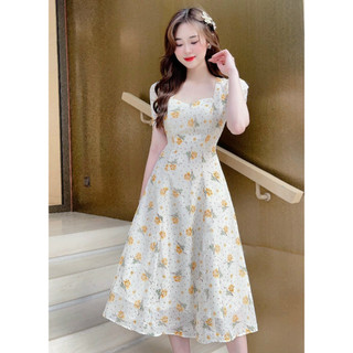 Váy đầm vintage tay phồng cột nơ cổ,đầm nữ dáng xòe chạy moking thân sau,váy voan hoa nhí đi chơi dự tiệc