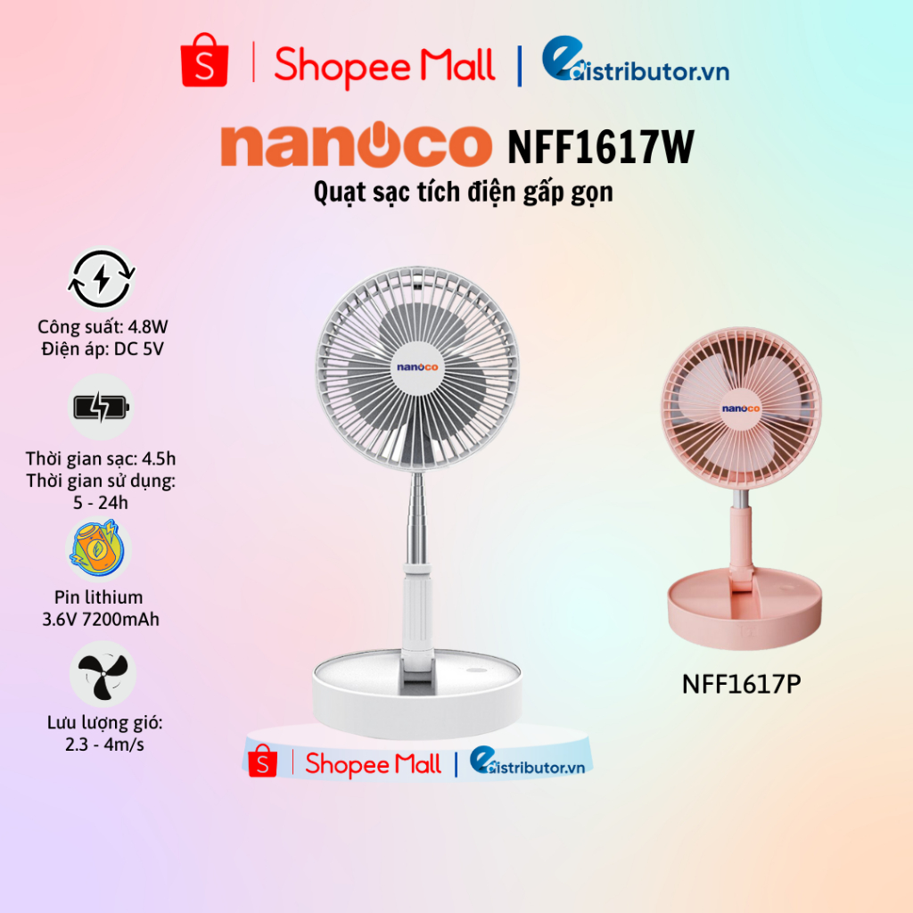 Quạt sạc tích điện gấp gọn Nanoco NFF1617W/P - 100% hàng chính hãng