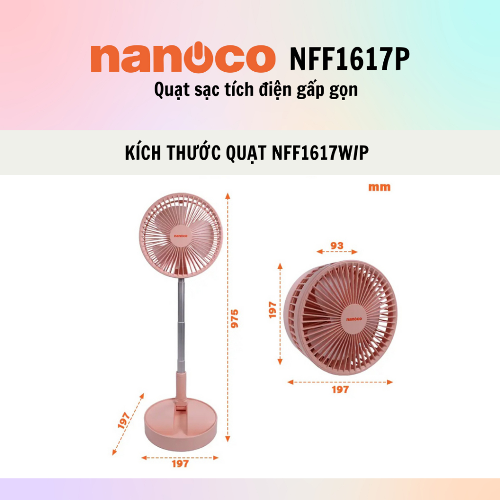 Quạt sạc tích điện gấp gọn Nanoco NFF1617W/P - 100% hàng chính hãng