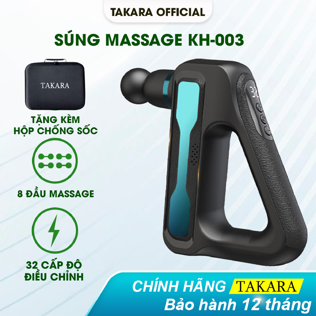 Máy Massage Cầm Tay, Súng Mát Xa Takara Với 8 Đầu Massage Và 32 Cấp Độ Điều Chỉnh Trị Liệu Chuyên Sâu KH-003