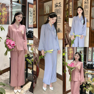 Pháp phục đi chùa, bộ đồ đi lễ chất liệu lụa Kate Hàn thêu hoa sen cao cấp -  Pháp Phục Mộc Lâm - PP20