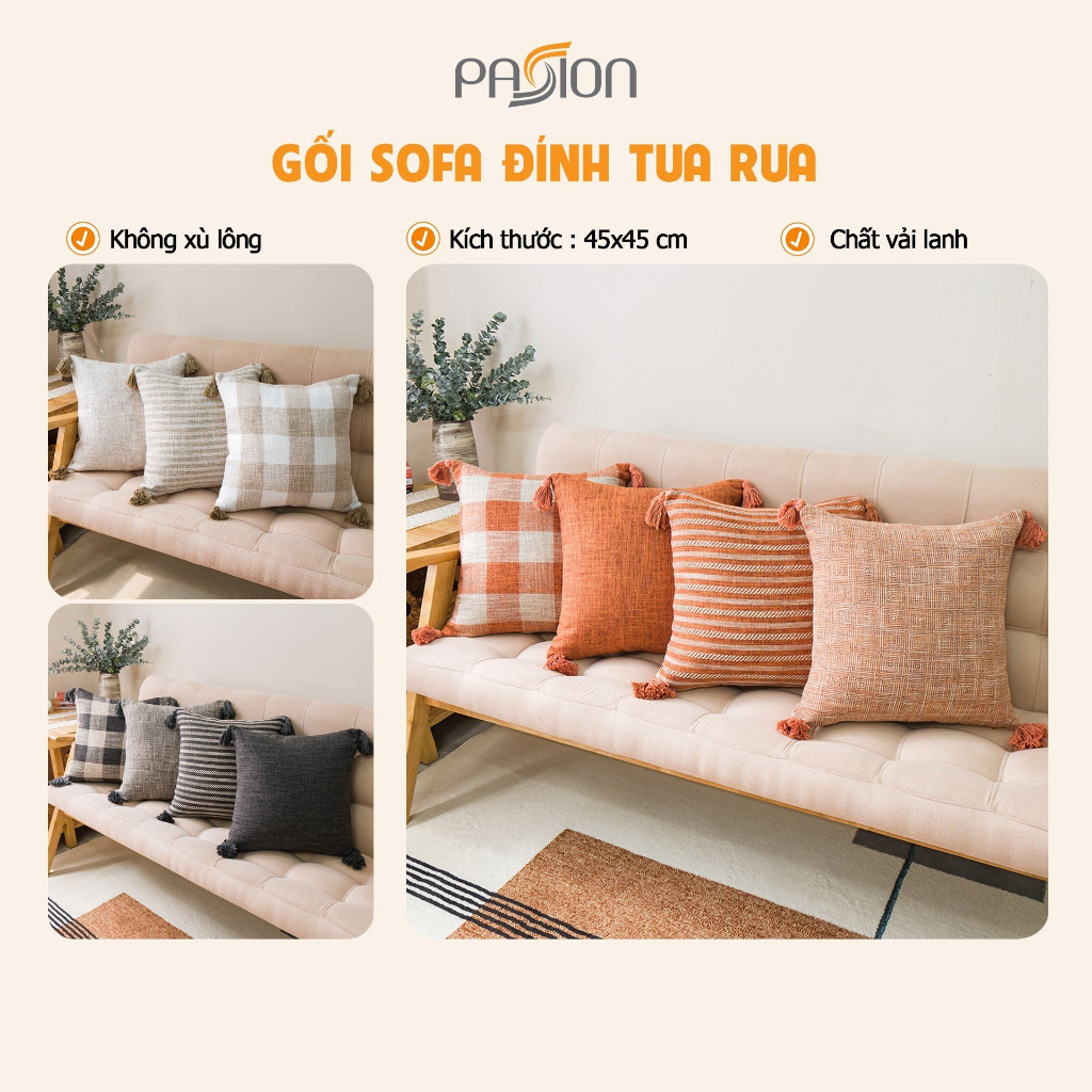 Vỏ Gối Vuông Sofa Vải Lanh Đính Tua Rua Họa Tiết Caro Retro Đơn Giản Passion