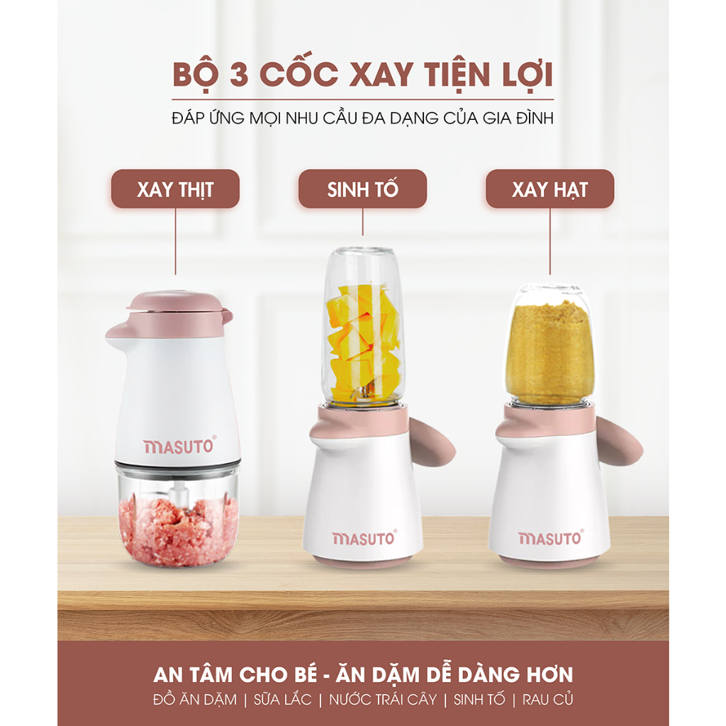 Máy xay thực phẩm đa năng Masuto Blender cho bé ăn dặm 3 cối 0,3L say đá hạt siêu nhuyễn mịn chỉ 10s cối thủy tinh