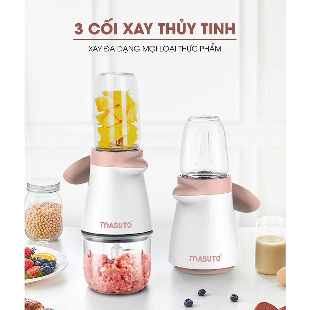 Máy xay ăn dặm đa năng Masuto Blender 3 cối 0,3L say đá hạt siêu nhuyễn mịn chỉ 10s cối thủy tinh