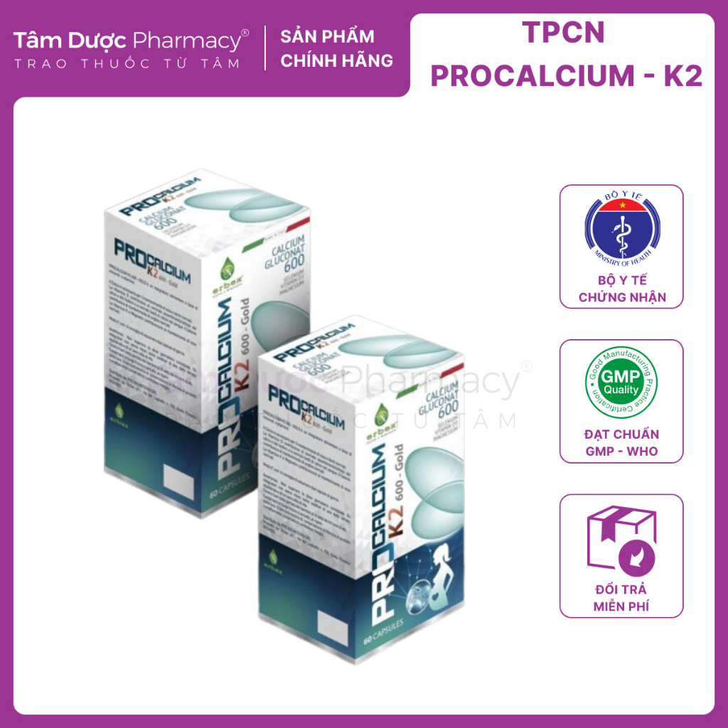Calci PROCALCIUM K2-600 GOLD - Viên uống bổ sung canxi hữu cơ, vitamin K2 của Ý (Hộp 60 viên)