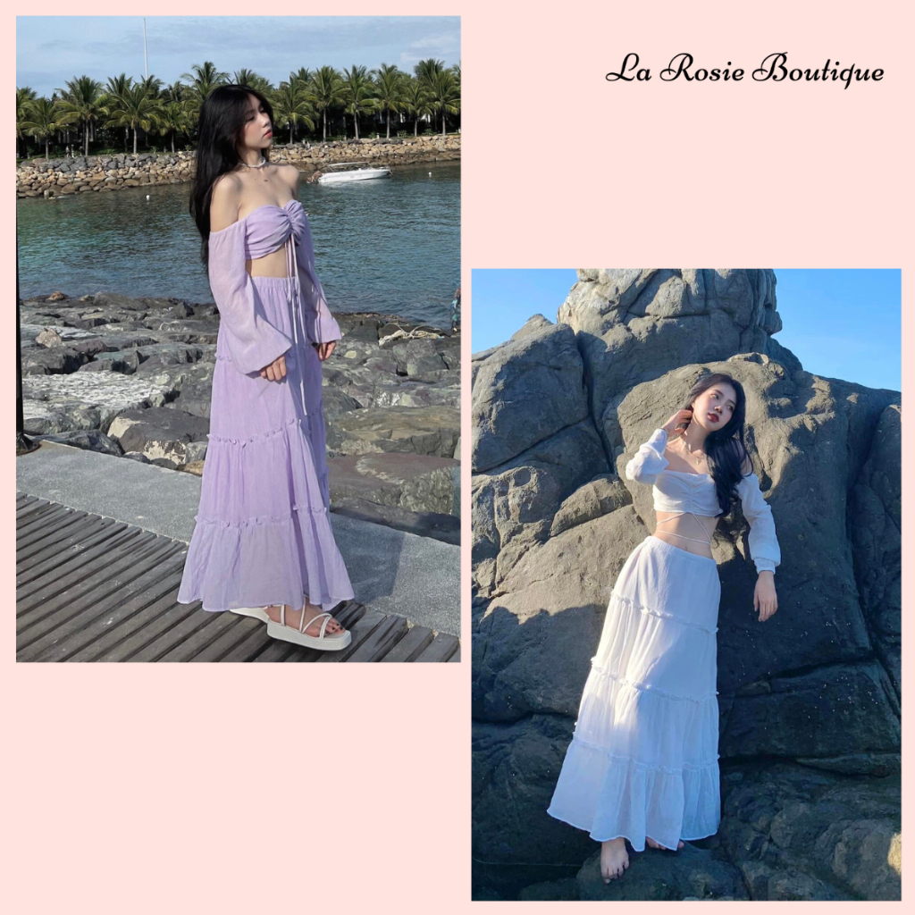 Chân váy dài vải tơ nhúng nàng thơ, đi biển - La Rosie Boutique
