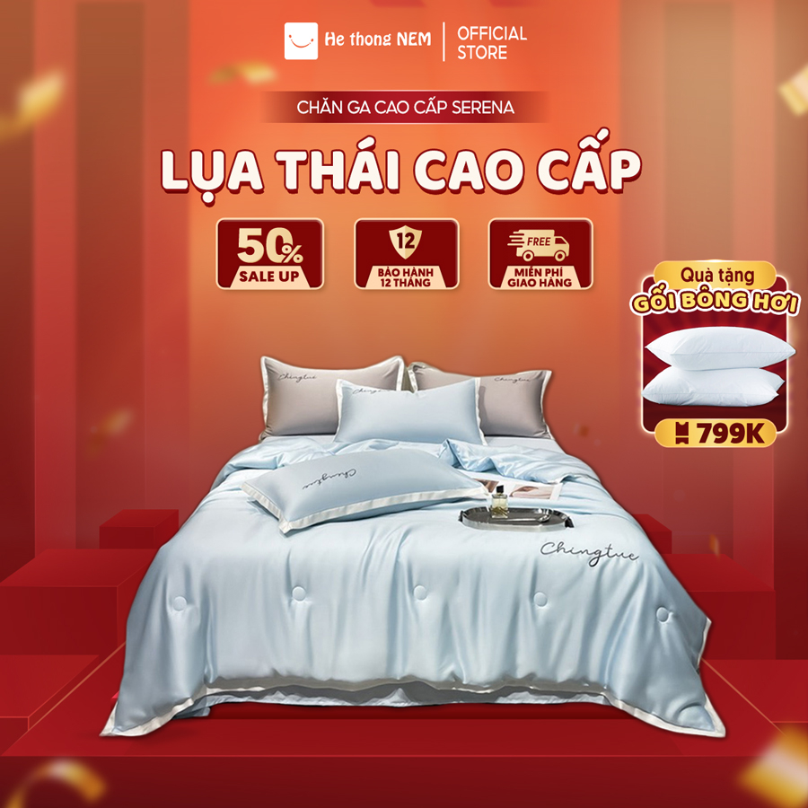 Bộ Drap Lụa Thái 5 Món SERENA Bộ Vỏ Chăn Hè Ga Gối Đệm Grap Drap Trải Giường Phi Lụa Thái Thun Lạnh 5 Món Cao Cấp