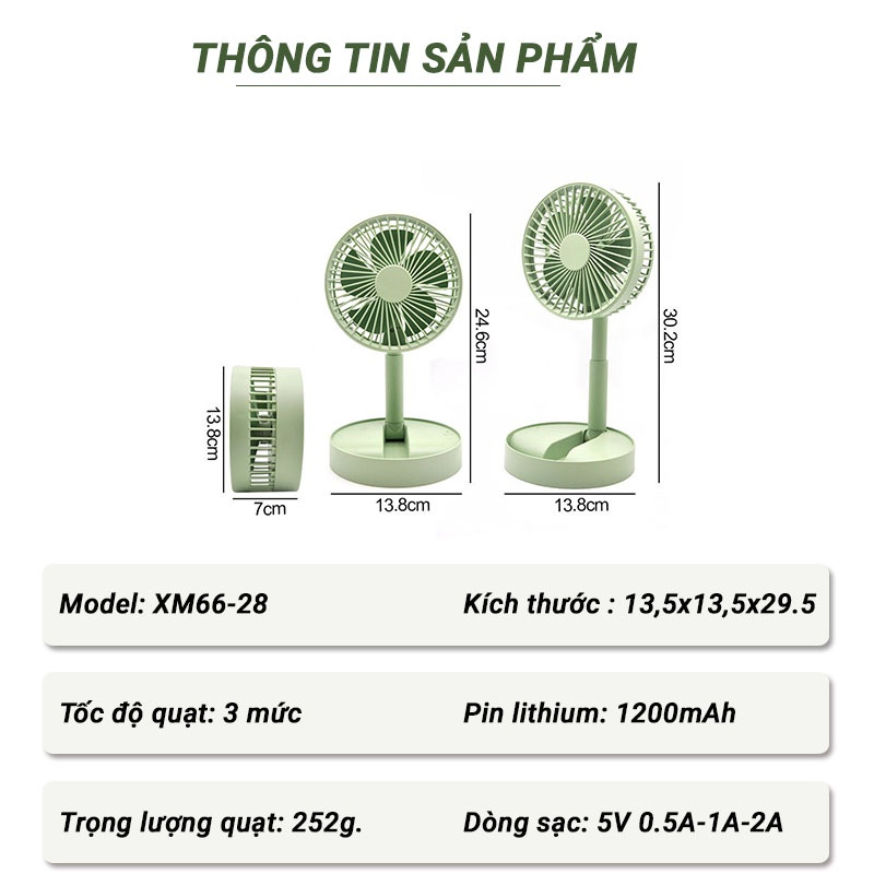 Quạt Tích Điện Gấp Gọn Để Bàn Xoay 180 Độ 3 Mức Gió Cổng Sạc USB 1200mAh Bảo Hành 1 Đổi 1 | BigBuy360 - bigbuy360.vn