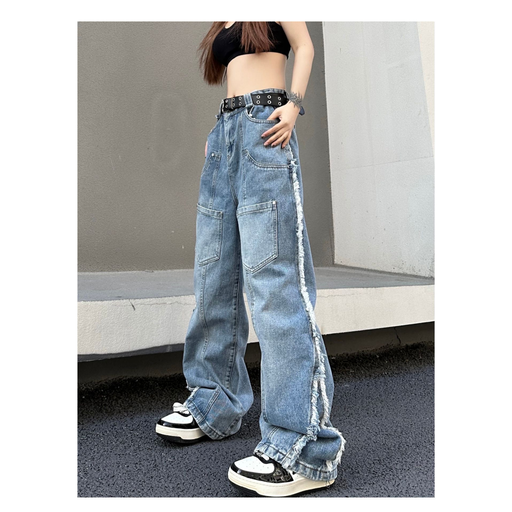Quần jean dài unisex tua rua, quần jean dài cạp cao phong cách HipHop_R47